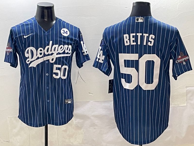 Men Los Angeles Dodgers #50 Betts Blue Stripe Game Nike 2025 MLB Jersey style 4